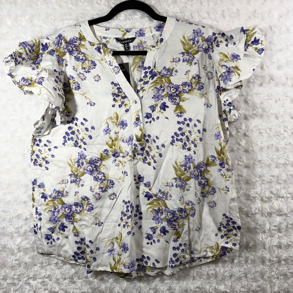 Cassee's Women XL Floral Ruffle Cap Sleeve White Purple Blouse NEW